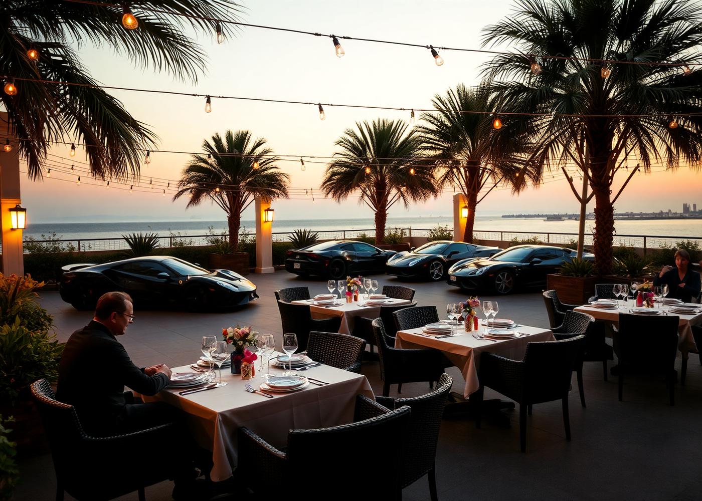Terrasse de restaurant réservée au club avec des supercars garées à proximité
